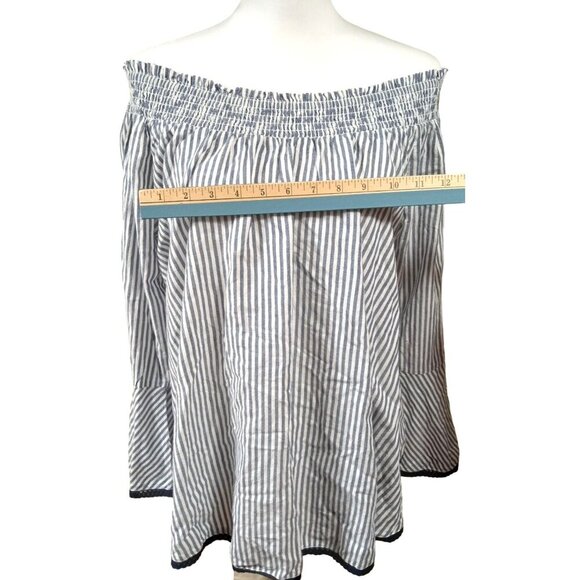 NWT Life Style Navy/White Long Sleeve Blouse Navy Trim Off Shoulder Size Large - Picture 10 of 10